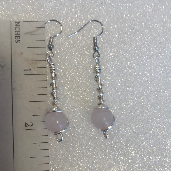 Rose quartz dangle wire wrap earrings handmade 2” - Picture 3 of 6